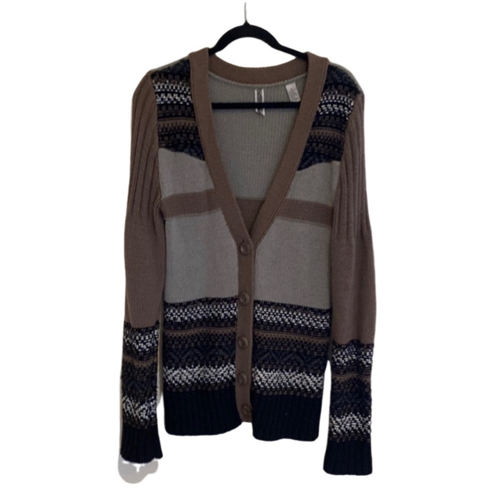 BKE Black and Gray Cardigan Sweater with Striped Design